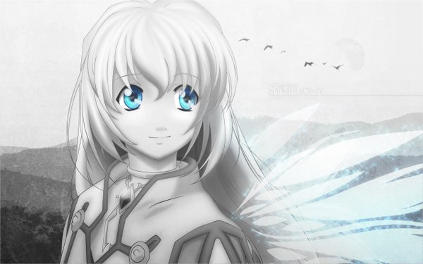 Anime picture 2560x1600 with tales of (series) tales of symphonia namco (studio) collet brunel long hair highres blue eyes blonde hair wide image looking away white hair grey background mountain insect wings butterfly wings girl animal wings bird (birds) jewelry