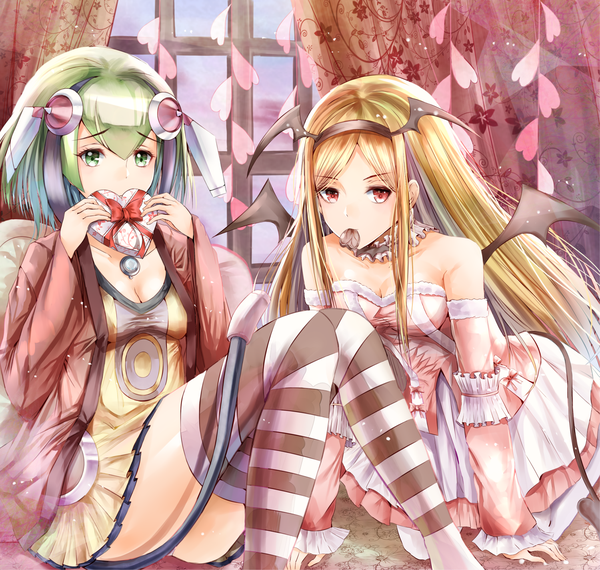 Anime picture 1500x1425 with dimension w yurizaki mira elizabeth greenhough-smith nicky w long hair short hair light erotic blonde hair red eyes multiple girls green eyes green hair head wings girl thighhighs dress hair ornament 2 girls detached sleeves wings