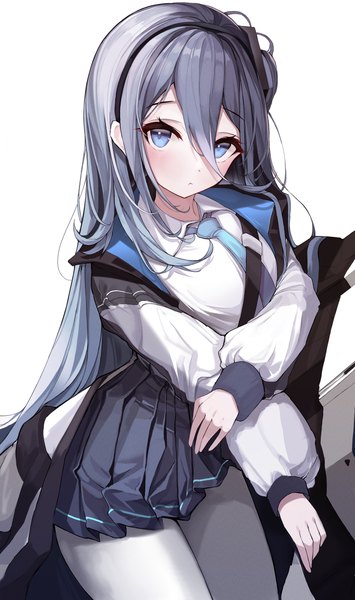 Anime picture 3215x5432 with blue archive aris (blue archive) ahr tato single long hair tall image looking at viewer blush fringe highres blue eyes simple background hair between eyes standing white background absurdres long sleeves pleated skirt grey hair open jacket