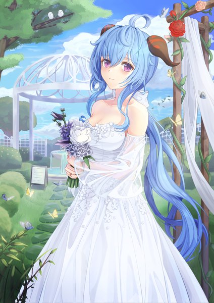 Anime picture 1414x2000 with genshin impact ganyu (genshin impact) slime nyang single long hair tall image looking at viewer blush fringe breasts smile hair between eyes standing purple eyes holding payot blue hair sky cloud (clouds) ahoge