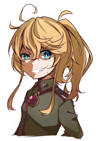 Anime picture 625x900 with youjo senki tanya degurechaff ido (teketeke) single long hair tall image fringe blue eyes simple background blonde hair smile hair between eyes white background payot looking away upper body ahoge ponytail shaded face military