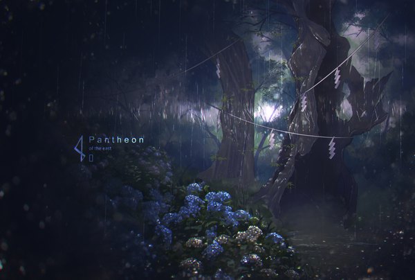 Anime-Bild 3038x2046 mit original arukiru highres absurdres rain no people anaglyph scenic flower (flowers) plant (plants) tree (trees) forest hydrangea