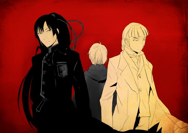 Anime picture 1200x849 with d.gray-man allen walker kanda yuu howard link long hair short hair black hair blonde hair simple background standing white hair ponytail grey hair from behind grey background multiple boys back monochrome group red background