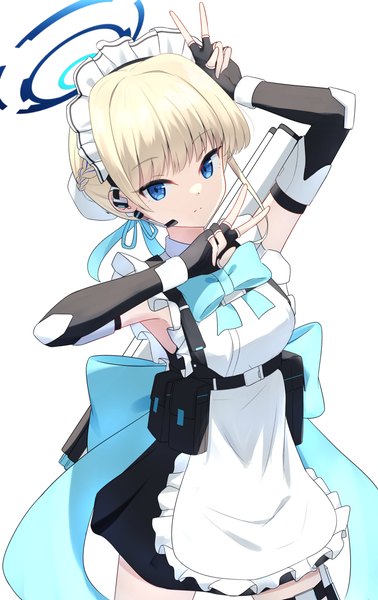 Anime picture 2578x4093 with blue archive toki (blue archive) cpk prd single tall image looking at viewer highres short hair blue eyes simple background blonde hair standing white background maid victory expressionless girl gloves uniform bow