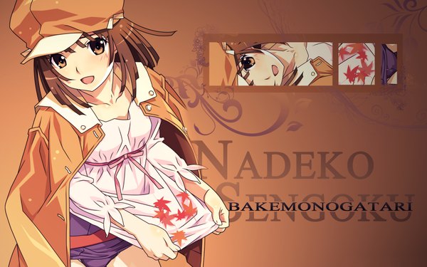 Anime picture 1920x1200 with bakemonogatari shaft (studio) monogatari (series) sengoku nadeko highres open mouth brown hair wide image brown eyes girl hat jacket