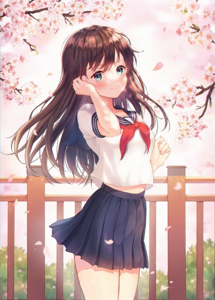 Anime picture 1000x1392 with original foreign blue single long hair tall image looking at viewer blush fringe breasts smile brown hair standing green eyes outdoors pleated skirt wind midriff cherry blossoms adjusting hair girl