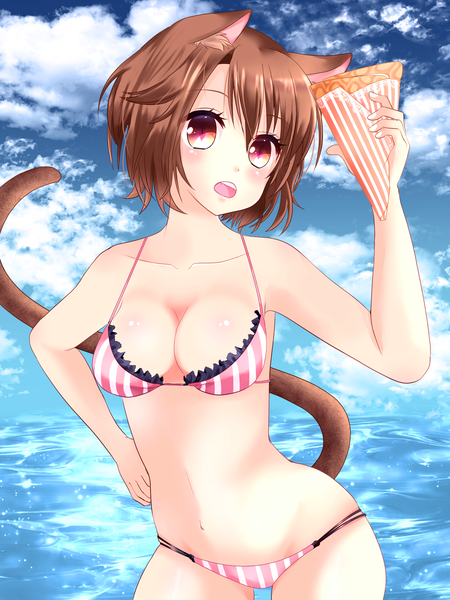 Anime picture 1800x2400 with original misaki86 single tall image blush fringe highres short hair breasts open mouth light erotic hair between eyes brown hair large breasts standing holding animal ears looking away sky cloud (clouds)