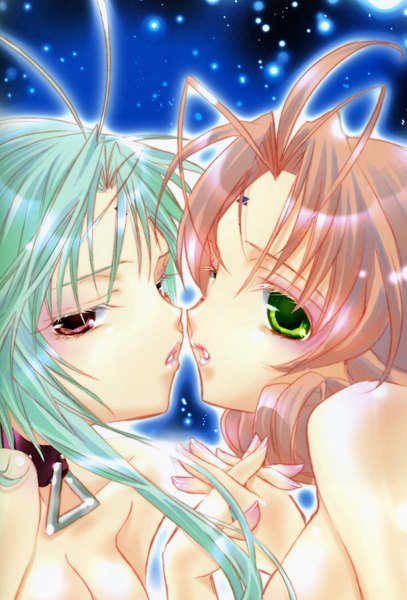 Anime-Bild 1358x2000 mit dears ren (dears) miu (dears) long hair tall image looking at viewer red eyes multiple girls green eyes pink hair pink eyes aqua hair tattoo night sky couple holding hands drill hair shoujo ai face to face space