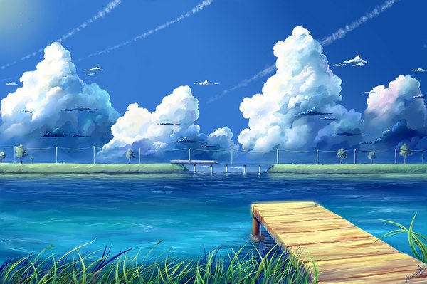 Anime picture 1100x733 with original akubaka sky cloud (clouds) landscape river plant (plants) water grass wire (wires) bridge train