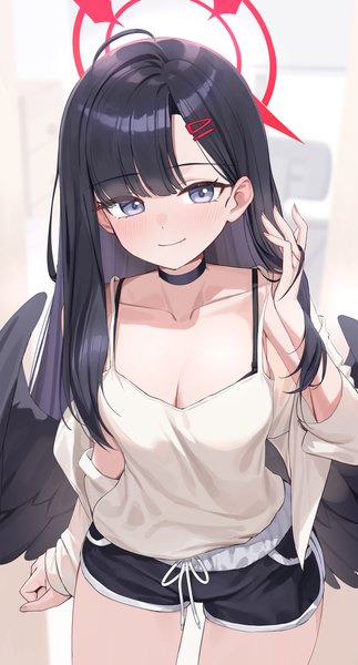 Anime picture 3939x7324 with blue archive ichika (blue archive) rivet (vvrn2825) single long hair tall image blush highres breasts black hair smile standing looking away absurdres cleavage arm up open jacket grey eyes black wings girl