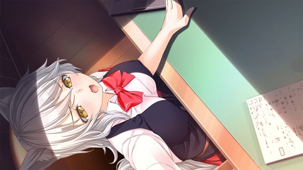 Anime picture 1280x720 with maternity monsters! long hair blush open mouth wide image animal ears yellow eyes game cg silver hair girl uniform school uniform bowtie