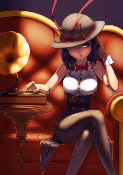 Anime picture 2480x3507 with qingmingtongzi single tall image looking at viewer highres short hair red eyes sitting bare shoulders blue hair girl dress hat pantyhose bowtie couch phonograph