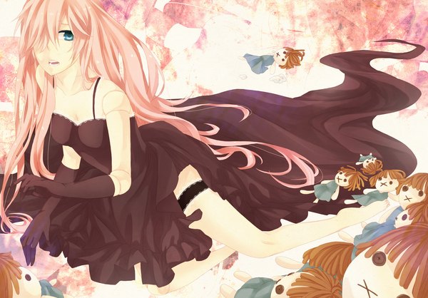 Anime picture 1281x894 with vocaloid megurine luka mr. neat (artist) long hair fringe open mouth blue eyes pink hair hair over one eye girl dress gloves doll (dolls)