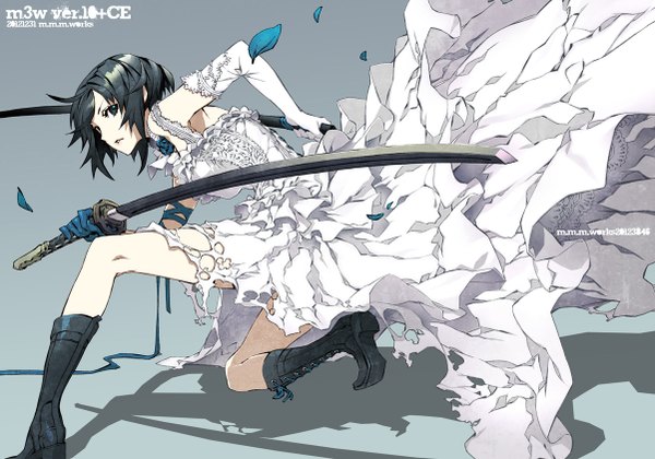 Anime picture 1202x842 with dogs: bullets & carnage david production pixiv fuyumine naoto miwa shirow single looking at viewer short hair black hair holding black eyes official art teeth shadow text torn clothes dual wielding girl dress flower (flowers)