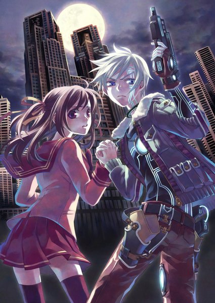 Anime picture 1300x1835 with minami seira long hair tall image short hair blue eyes red eyes brown hair standing purple eyes silver hair cloud (clouds) night open clothes open jacket tattoo night sky couple city holding hands girl