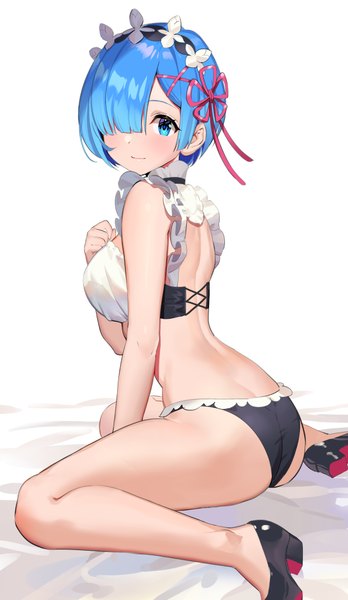 Anime picture 2376x4093 with re:zero kara hajimeru isekai seikatsu white fox rem (re:zero) teffish single tall image looking at viewer blush fringe highres short hair breasts blue eyes light erotic simple background white background sitting blue hair full body ass