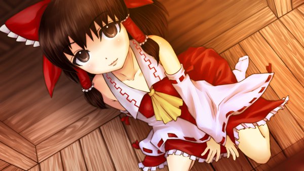 Anime picture 1920x1080 with touhou hakurei reimu long hair blush highres brown hair wide image brown eyes japanese clothes miko girl bow hair bow