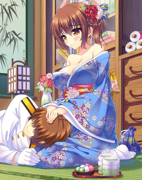 Anime picture 980x1234 with kantai collection kaga aircraft carrier admiral (kantai collection) tonchan tall image blush short hair breasts light erotic smile brown hair bare shoulders brown eyes traditional clothes japanese clothes hair flower couple girl boy flower (flowers)