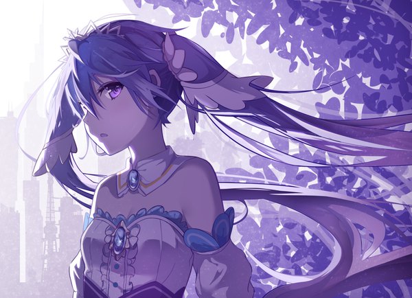 Anime picture 3425x2480 with vocaloid hatsune miku nagisa (pixiv17634981) single long hair looking at viewer fringe highres hair between eyes twintails purple eyes bare shoulders blue hair absurdres upper body wind girl detached sleeves detached collar tiara