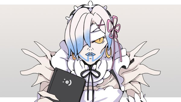 Anime picture 1200x675 with re:zero kara hajimeru isekai seikatsu death note white fox madhouse rem (re:zero) rem (death note) imi fumei (imifu-imifu) looking at viewer short hair simple background wide image yellow eyes upper body white hair multicolored hair grey background two-tone hair tattoo lipstick cosplay