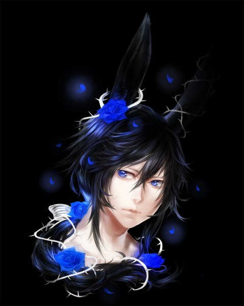 Anime picture 960x1200 with original f-wd single long hair tall image blue eyes black hair simple background animal ears hair flower bunny ears black background face bunny boy boy hair ornament flower (flowers) petals rose (roses) blue rose