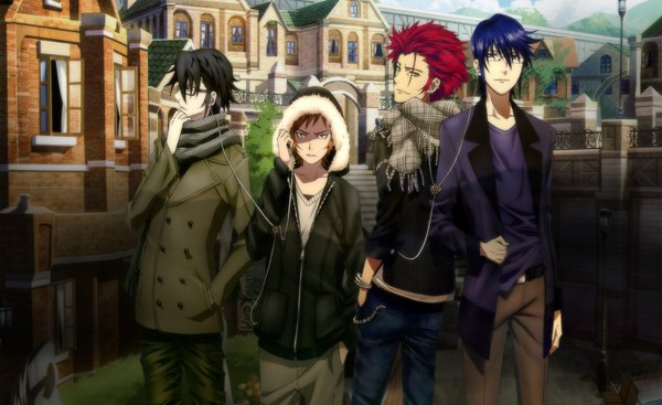 Anime picture 1680x1030 with k-project gohands (studio) mikoto suoh fushimi saruhiko misaki yata munakata reishi looking at viewer short hair black hair brown hair wide image brown eyes blue hair looking away red hair looking back multiple boys hand in pocket boy glasses