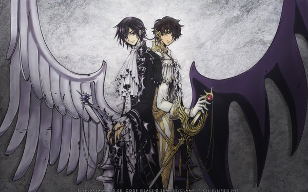 Anime picture 2560x1600 with code geass sunrise (studio) clamp lelouch lamperouge kururugi suzaku highres short hair black hair brown hair wide image purple eyes green eyes back to back boy sword wings