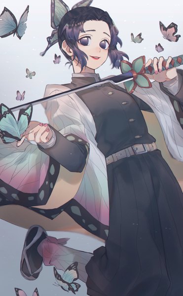 Anime picture 1269x2048 with kimetsu no yaiba ufotable kochou shinobu kll_ty single tall image looking at viewer short hair simple background smile standing white background purple eyes holding payot purple hair nail polish traditional clothes japanese clothes wide sleeves