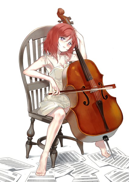 Anime picture 650x918 with love live! school idol project sunrise (studio) love live! nishikino maki kissai single tall image looking at viewer blush fringe short hair simple background white background sitting purple eyes bent knee (knees) red hair barefoot light smile bare legs