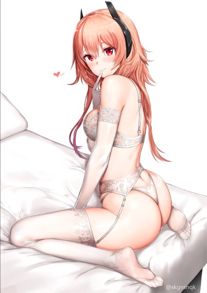 Anime picture 1769x2500 with girls frontline m4 sopmod ii (girls frontline) greem bang single long hair tall image looking at viewer blush fringe highres breasts light erotic simple background hair between eyes red eyes white background sitting signed pink hair full body