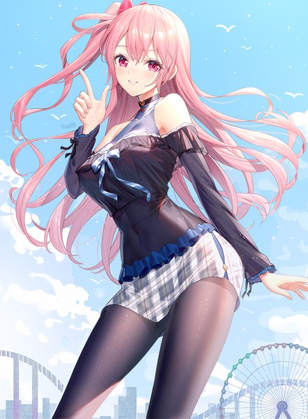 Anime picture 883x1200 with original emily stock ririko (zhuoyandesailaer) single long hair tall image looking at viewer blush fringe smile hair between eyes standing bare shoulders signed pink hair sky cloud (clouds) outdoors long sleeves parted lips