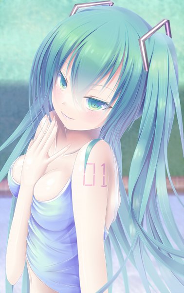 Anime picture 835x1323 with vocaloid hatsune miku isshiki (ffmania7) single tall image looking at viewer breasts light erotic twintails bare shoulders very long hair aqua eyes aqua hair girl hair ornament