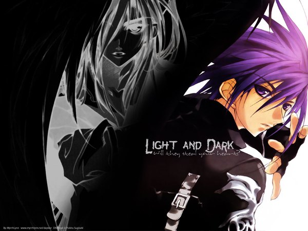 Anime picture 1280x960 with d.n.angel xebec dark mousy krad sugisaki yukiru single long hair looking at viewer purple eyes purple hair text english third-party edit serious boy gloves jacket fingerless gloves buckles