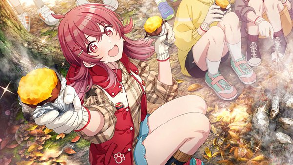 Anime picture 1136x640 with idolmaster idolmaster shiny colors komiya kaho long hair looking at viewer blush fringe open mouth smile hair between eyes red eyes wide image sitting ahoge outdoors red hair :d from above dutch angle symbol-shaped pupils