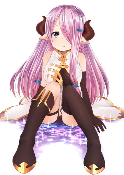 Anime picture 2507x3541 with granblue fantasy narmaya (granblue fantasy) akky (akimi1127) single long hair tall image looking at viewer fringe highres blue eyes light erotic purple hair horn (horns) pointy ears hair over one eye pantyshot tress ribbon draph girl gloves