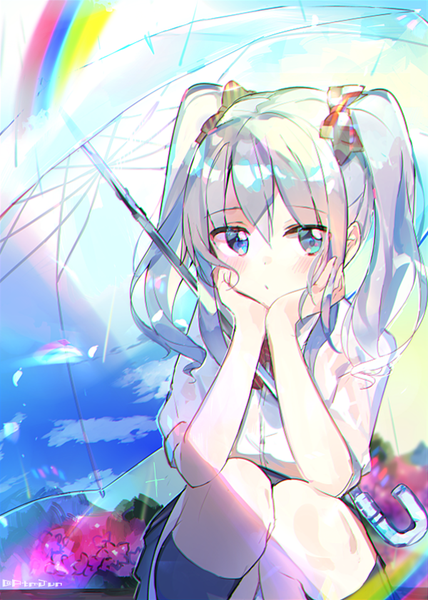 Anime picture 600x840 with kantai collection kashima training cruiser atsumi jun single long hair tall image looking at viewer blush fringe blue eyes hair between eyes twintails silver hair squat chin rest transparent umbrella girl uniform flower (flowers) bow