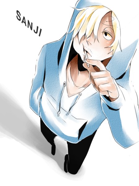 Anime picture 1200x1600 with one piece toei animation sanji urakata hajime single tall image blush fringe short hair blonde hair simple background standing white background black eyes hair over one eye inscription shadow mouth hold hand in pocket boy