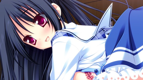 Anime picture 1024x576 with strawberry nauts yatsuka itsuki long hair blush open mouth black hair red eyes wide image game cg looking back girl uniform school uniform