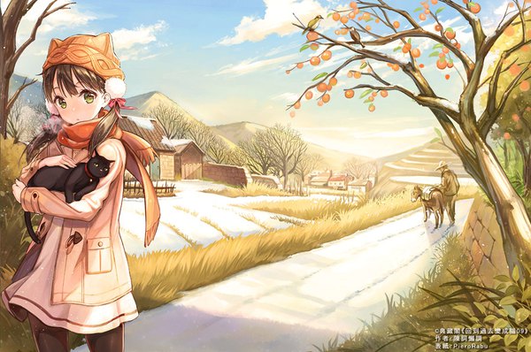 Anime picture 1000x664 with original pierorabu long hair looking at viewer brown hair standing twintails holding green eyes signed sky cloud (clouds) parted lips head tilt sunlight cat ears open clothes low twintails watermark winter