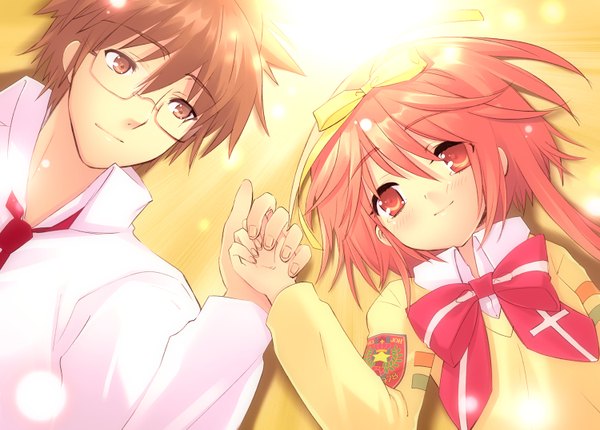 Anime picture 1500x1077 with nanatsuiro drops akihime sumomo brown hair brown eyes pink hair pink eyes couple holding hands glasses serafuku