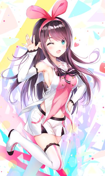 Anime picture 2223x3709 with virtual youtuber a.i. channel kizuna ai dana (hapong07) single long hair tall image looking at viewer blush fringe highres breasts open mouth simple background smile hair between eyes brown hair payot multicolored hair aqua eyes