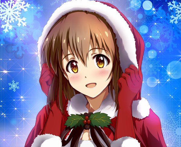 Anime picture 1350x1100 with idolmaster hagiwara yukiho hina (araburu-hinadori) single long hair blush fringe open mouth smile hair between eyes brown hair yellow eyes upper body sparkle fur trim portrait christmas close-up girl gloves