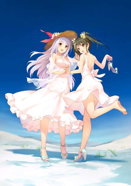 Anime picture 1000x1414 with kantai collection shoukaku aircraft carrier zuikaku aircraft carrier tousaki umiko long hair tall image looking at viewer open mouth brown hair twintails multiple girls brown eyes sky silver hair looking back hair flower :o turning head holding hands single shoe