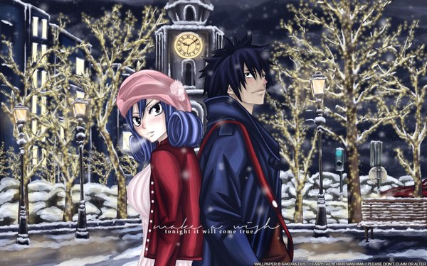 Anime picture 1920x1200 with fairy tail gray fullbuster juvia lockser mashima hiro long hair blush highres short hair open mouth black hair wide image blue hair black eyes night open clothes open jacket wallpaper couple winter plant (plants)