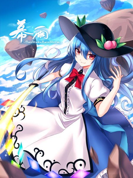 Anime picture 800x1067 with touhou hinanawi tenshi koissa single long hair tall image looking at viewer fringe smile hair between eyes red eyes blue hair cloud (clouds) puffy sleeves smirk floating island girl weapon hat sword
