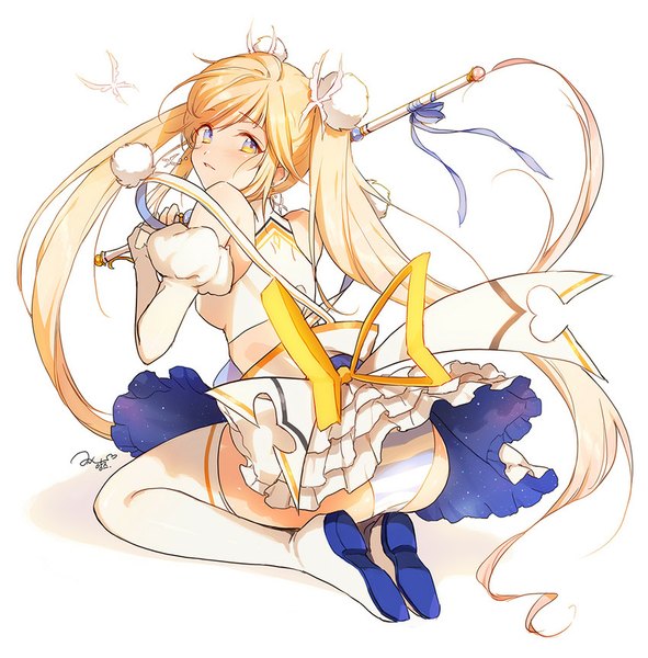 Anime picture 850x864 with original anz (starry) single tall image blue eyes light erotic blonde hair white background twintails bare shoulders signed ass very long hair looking back midriff hair bun (hair buns) kneeling frilly skirt multicolored eyes magical girl