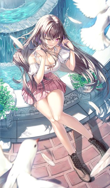 Anime picture 1053x1796 with original wakum single long hair tall image looking at viewer fringe breasts open mouth light erotic hair between eyes brown hair large breasts sitting bare shoulders cleavage full body outdoors nail polish pleated skirt