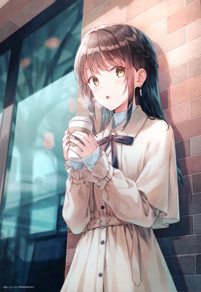 Anime picture 2405x3485 with original hiten (hitenkei) single long hair tall image looking at viewer fringe highres open mouth brown hair standing yellow eyes outdoors blunt bangs braid (braids) long sleeves nail polish fingernails scan :o