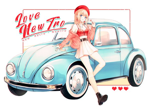 Anime picture 1378x1000 with original volkswagen kh (kh 1128) single long hair looking at viewer blue eyes blonde hair full body bent knee (knees) nail polish pleated skirt off shoulder arm support open jacket midriff girl skirt earrings miniskirt