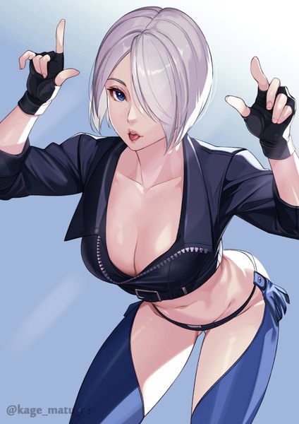 Anime picture 1736x2456 with the king of fighters the king of fighters xiv snk angel (kof) kagematsuri single tall image looking at viewer fringe highres short hair breasts open mouth blue eyes light erotic simple background large breasts standing signed cleavage